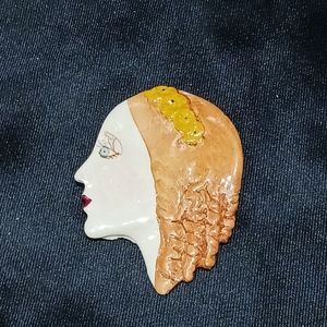 Vintage Brooch - White Woman Face Red Hair Revival Renaissance Locks Blue Eyes